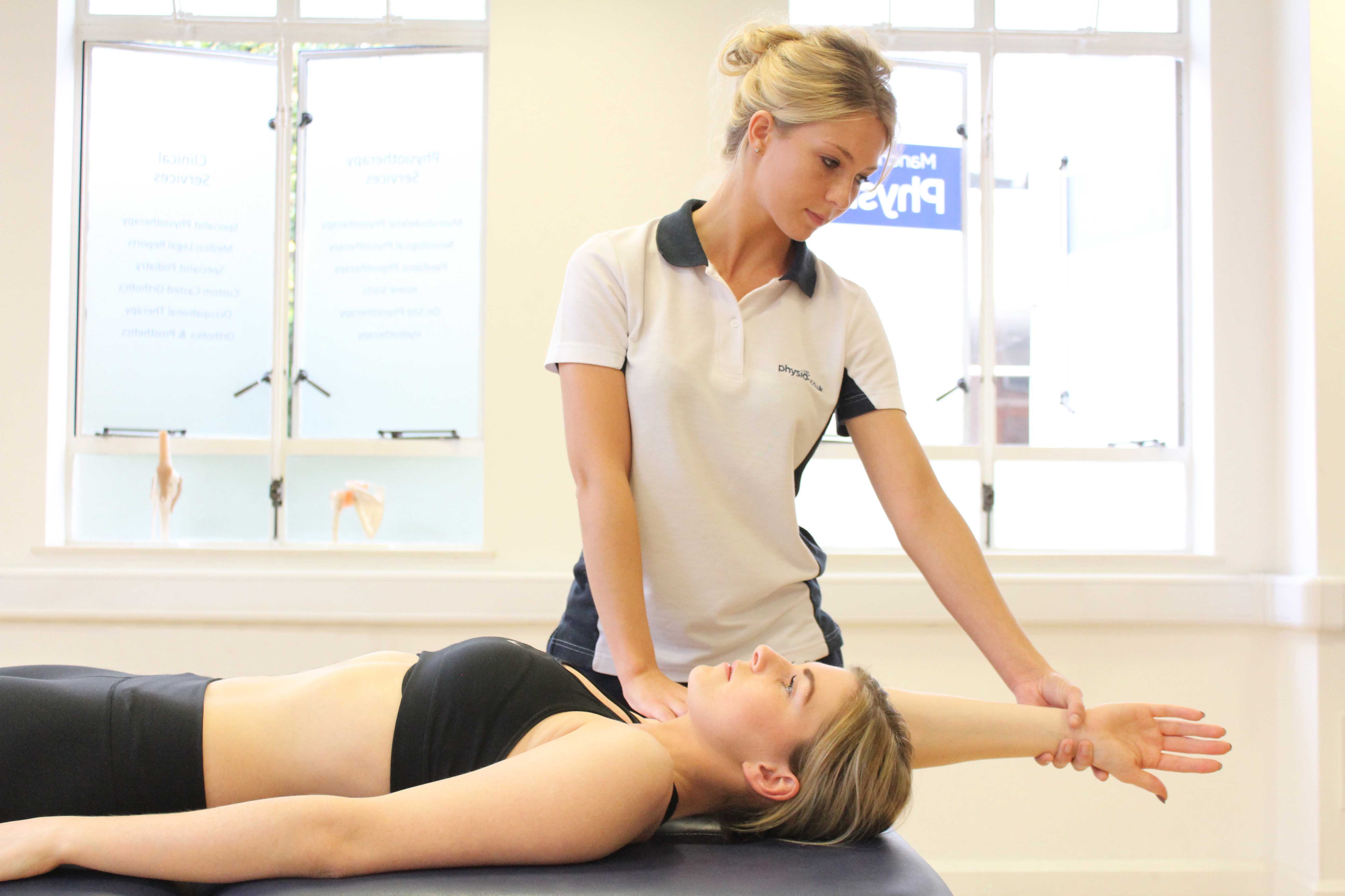 Upper arm passive stretch exercises applied by therapist Upper arm passive stretch exercises applied by therapist