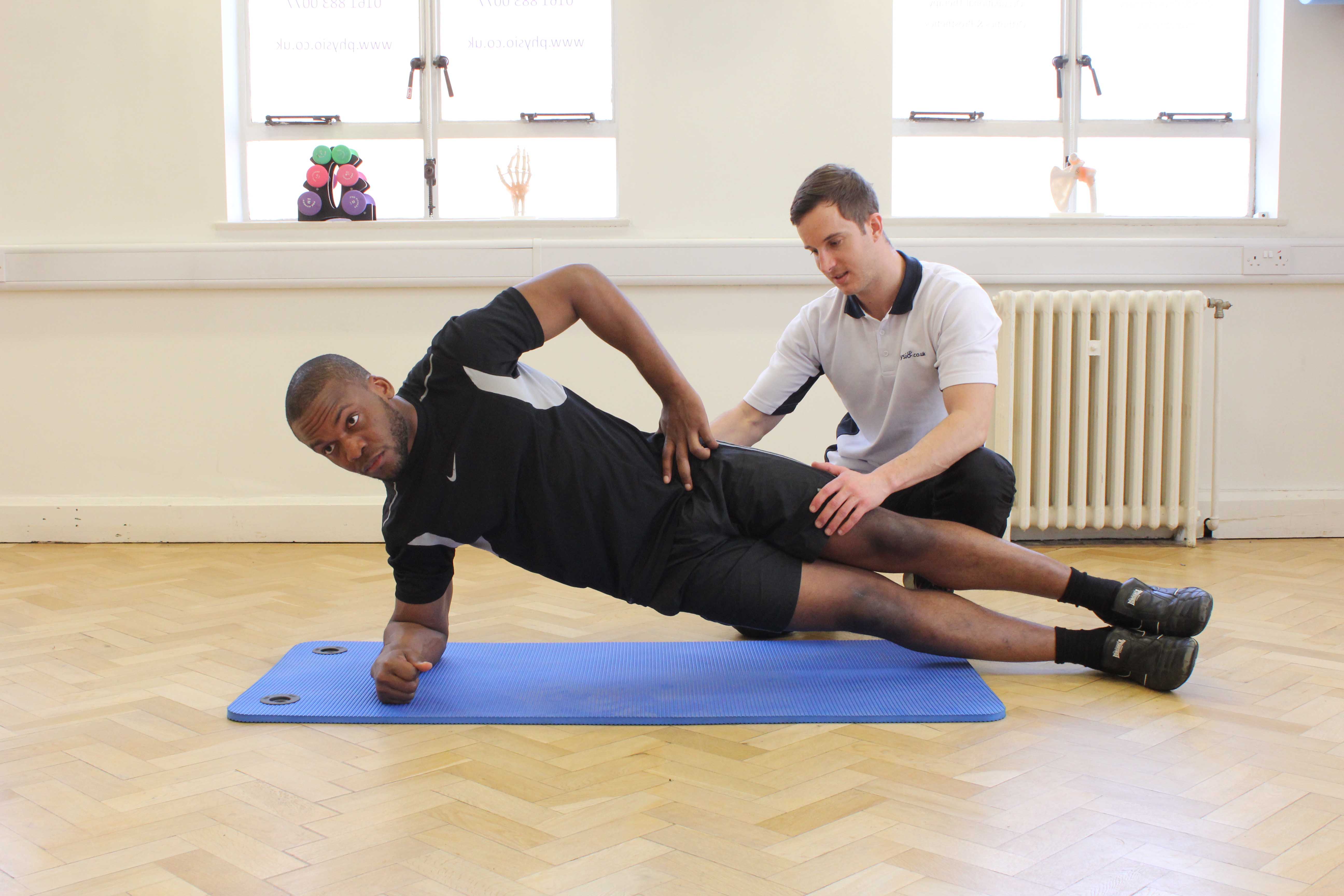 Progressive strengthening hip exercises supervised by experienced therapist