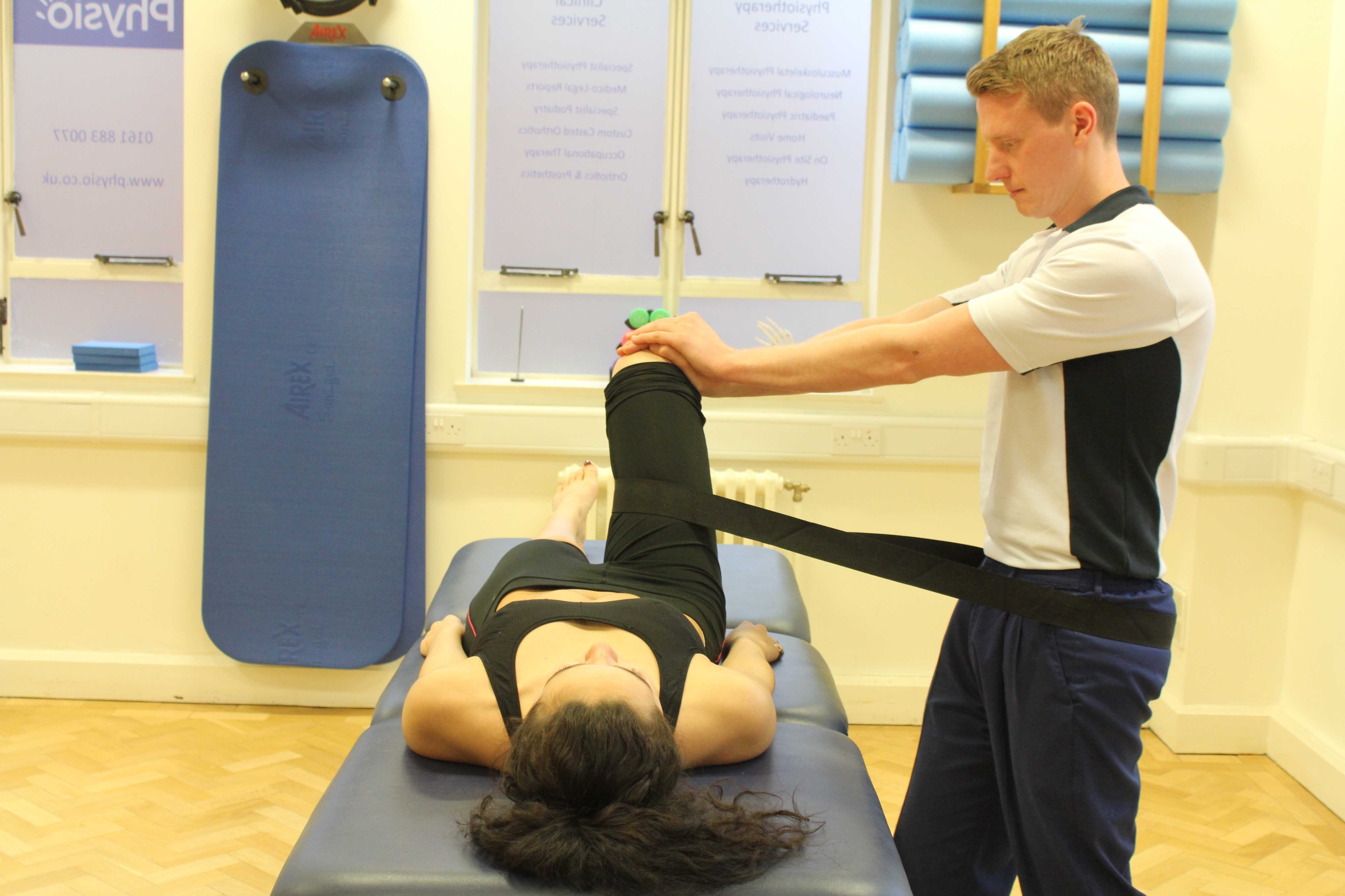 Mobilisations of the hip joint with a strap by an experienced physiotherapist Mobilisations of the hip joint with a strap by an experienced physiotherapist