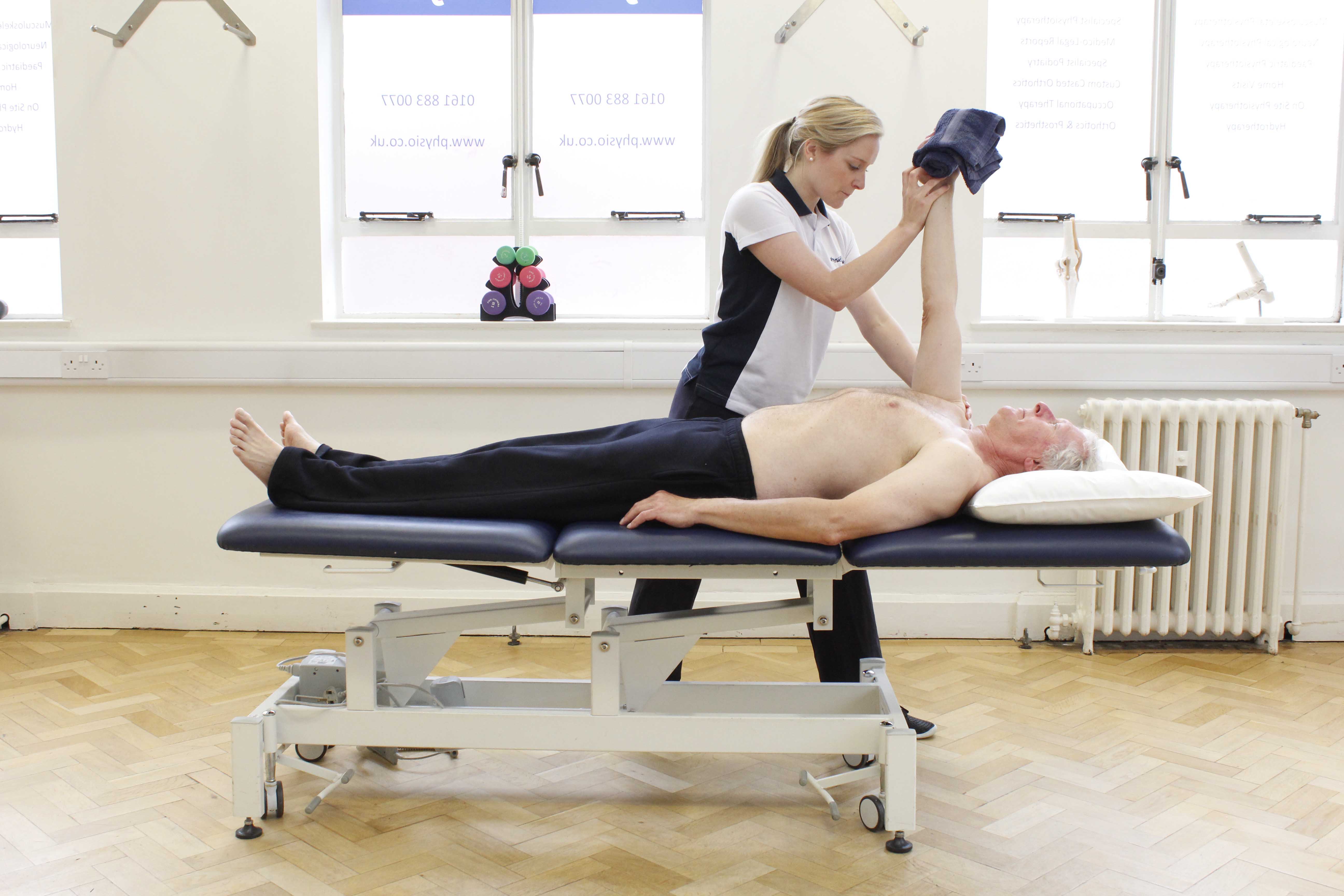 Upper limb mobilisation and stretches performed by a specialist neurological physiotherapist Upper limb mobilisation and stretches performed by a specialist neurological physiotherapist