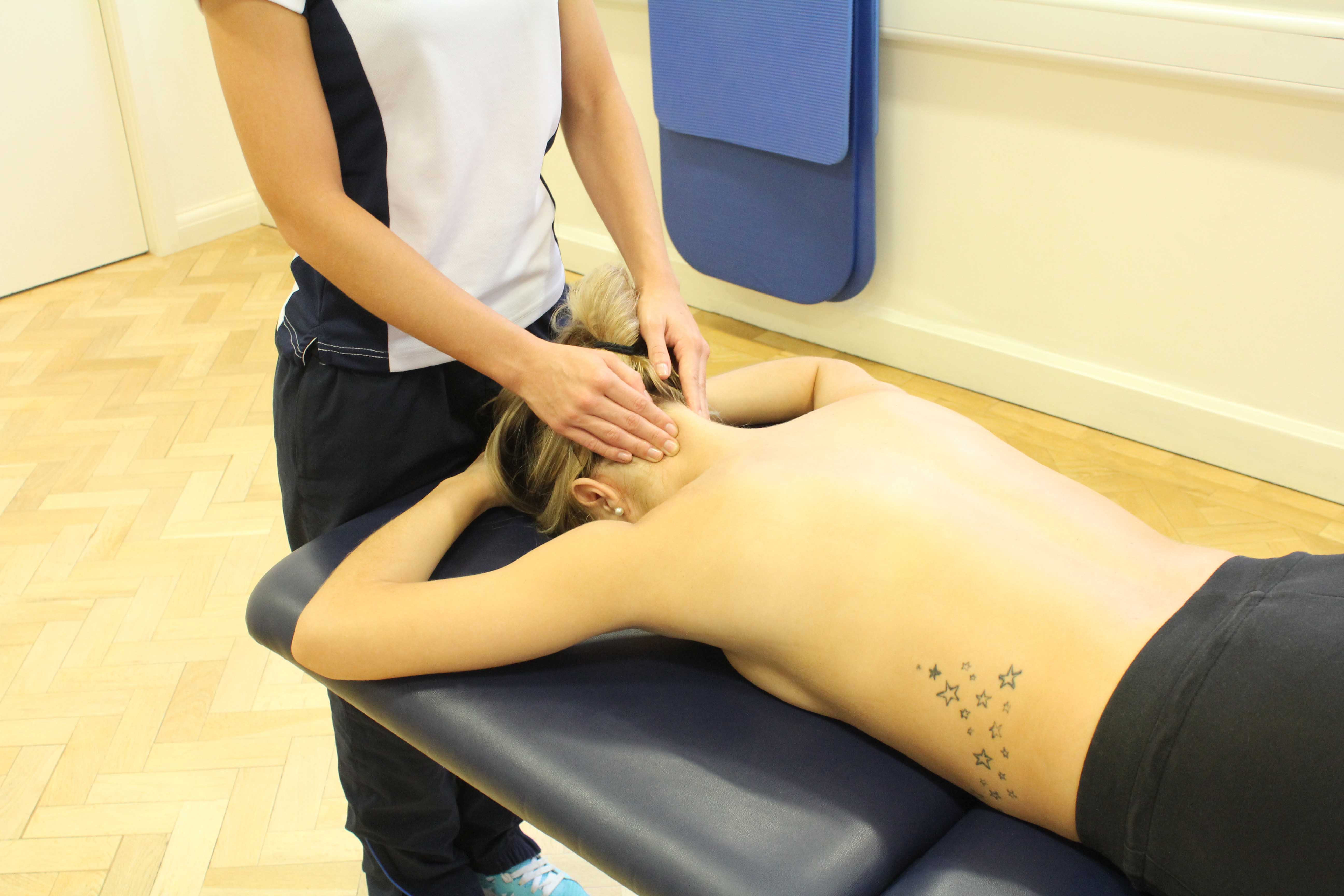Soft tissue massage and mobilisations of the cervical vertebrea to relieve stiffness and nerve impingement Soft tissue massage and mobilisations of the cervical vertebrea to relieve stiffness and nerve impingement