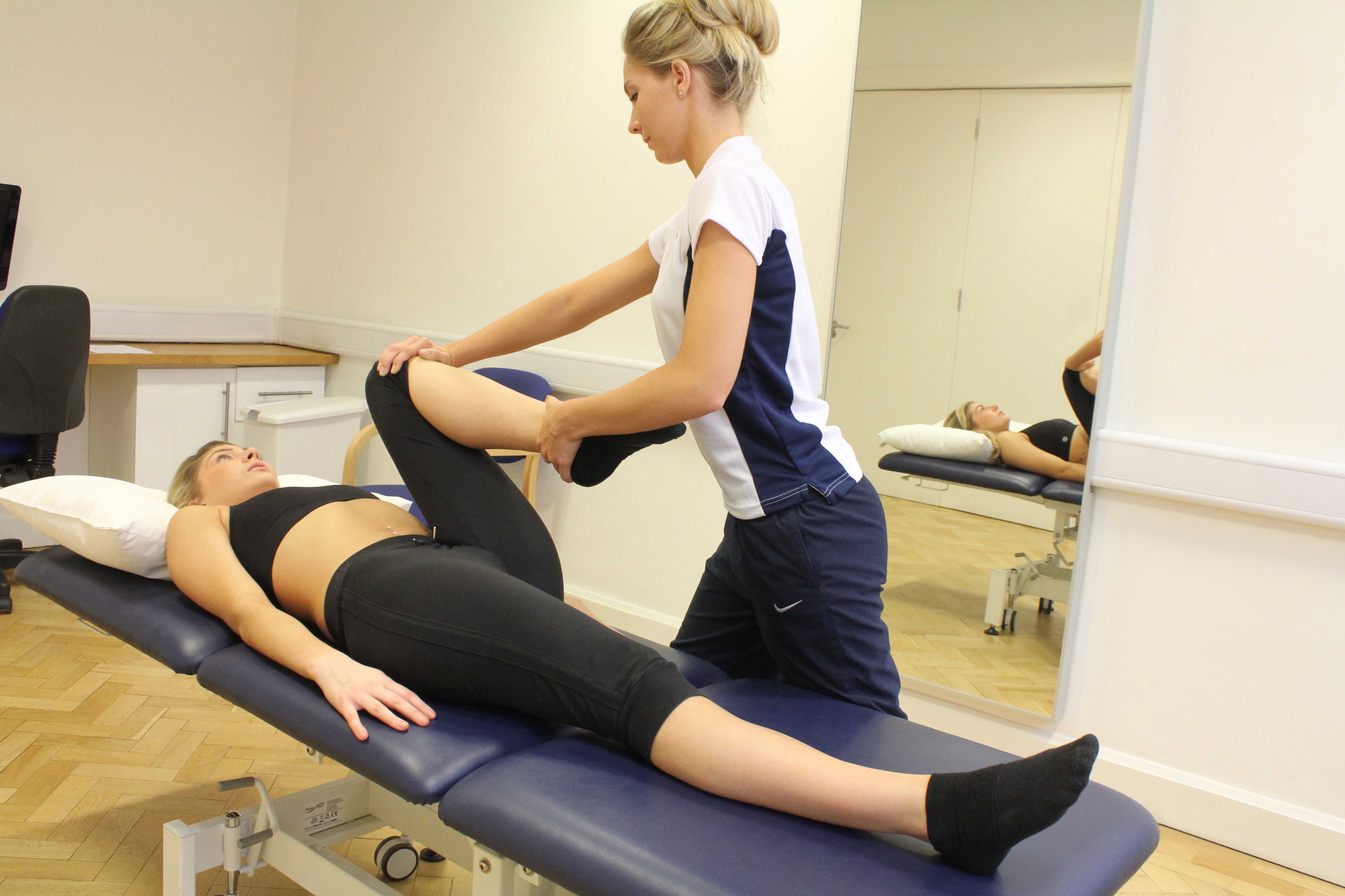 Passive stretch of the muscles and connective tissues of the hip by specialist therapist Passive stretch of the muscles and connective tissues of the hip by specialist therapist