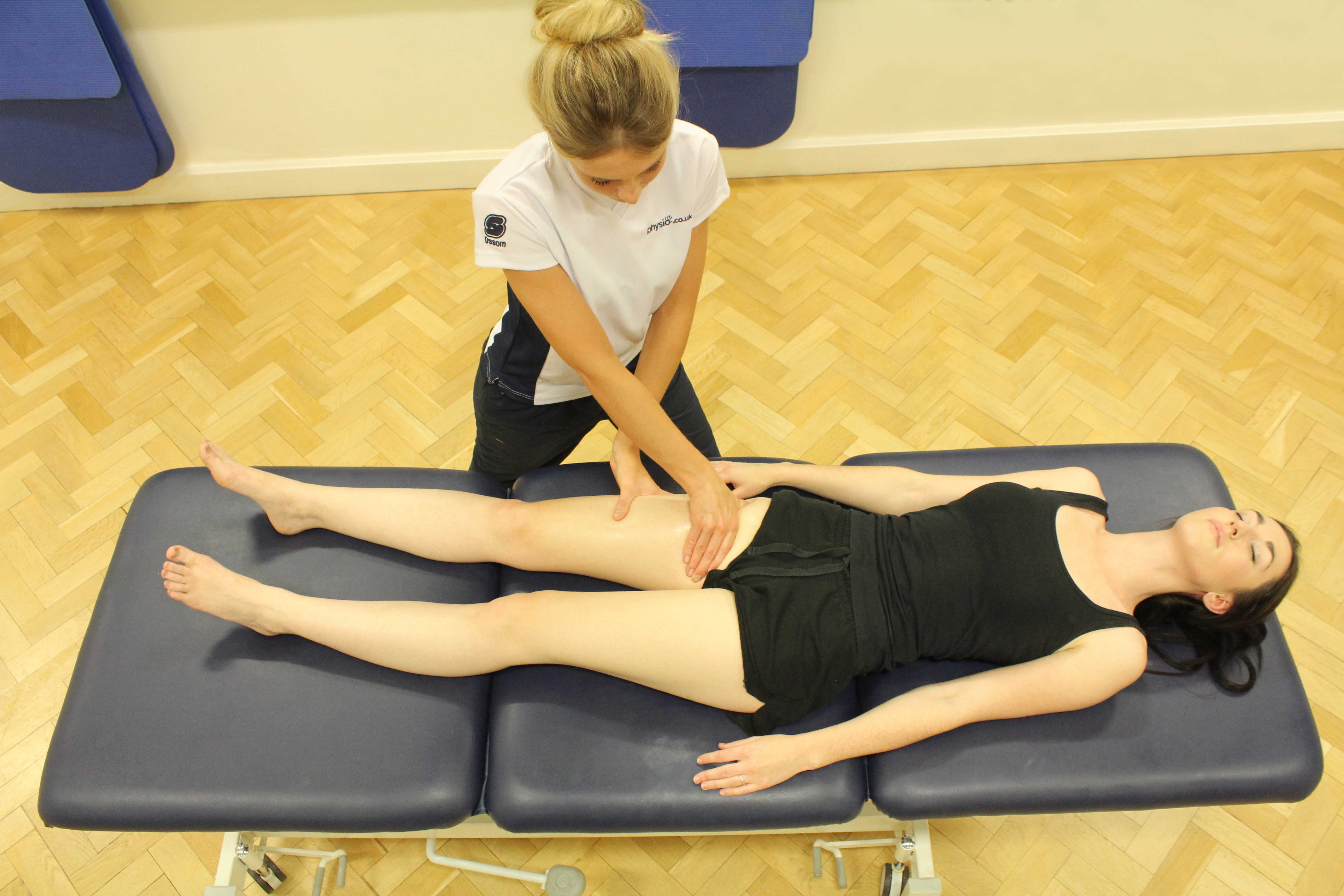 Therapist performing soft tissue massage to the groin muscles Therapist performing soft tissue massage to the groin muscles