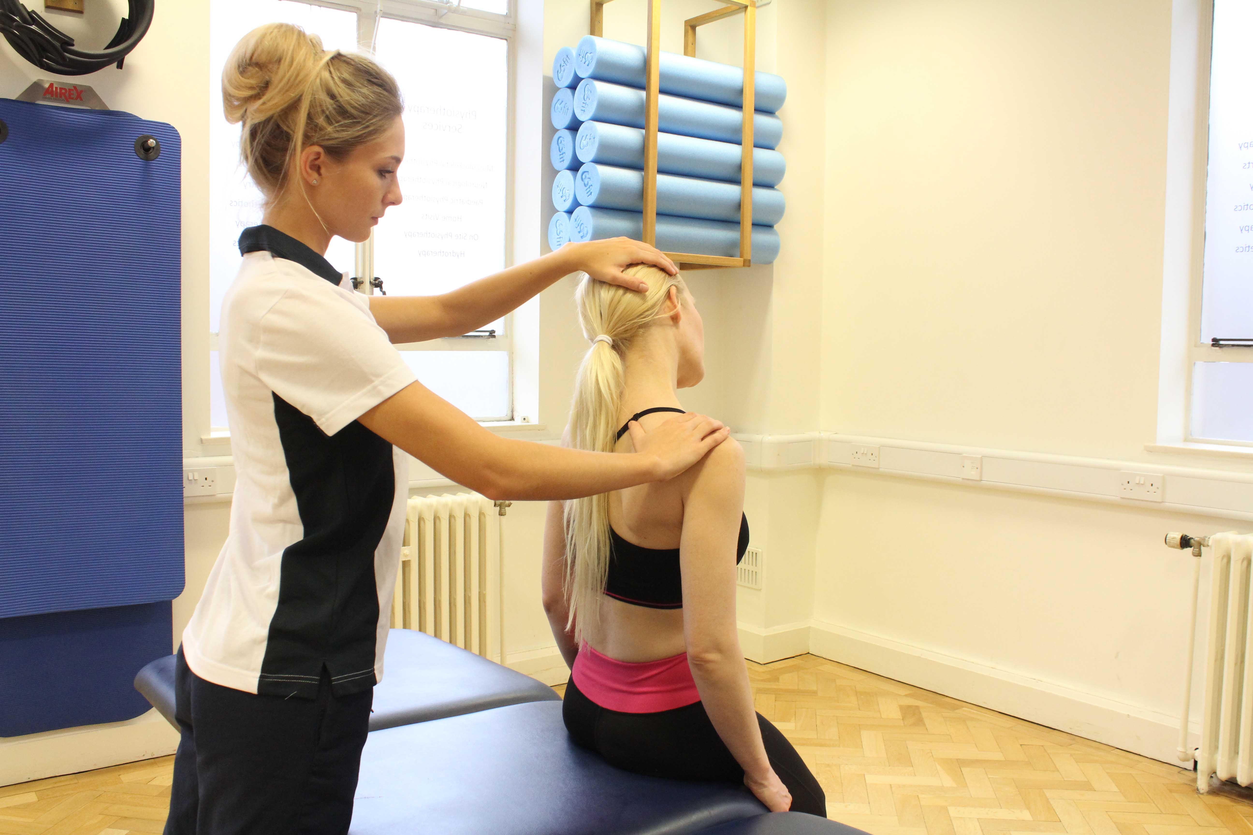 Stretches and massage applied to the cervical spine to relieve stiffness and pain