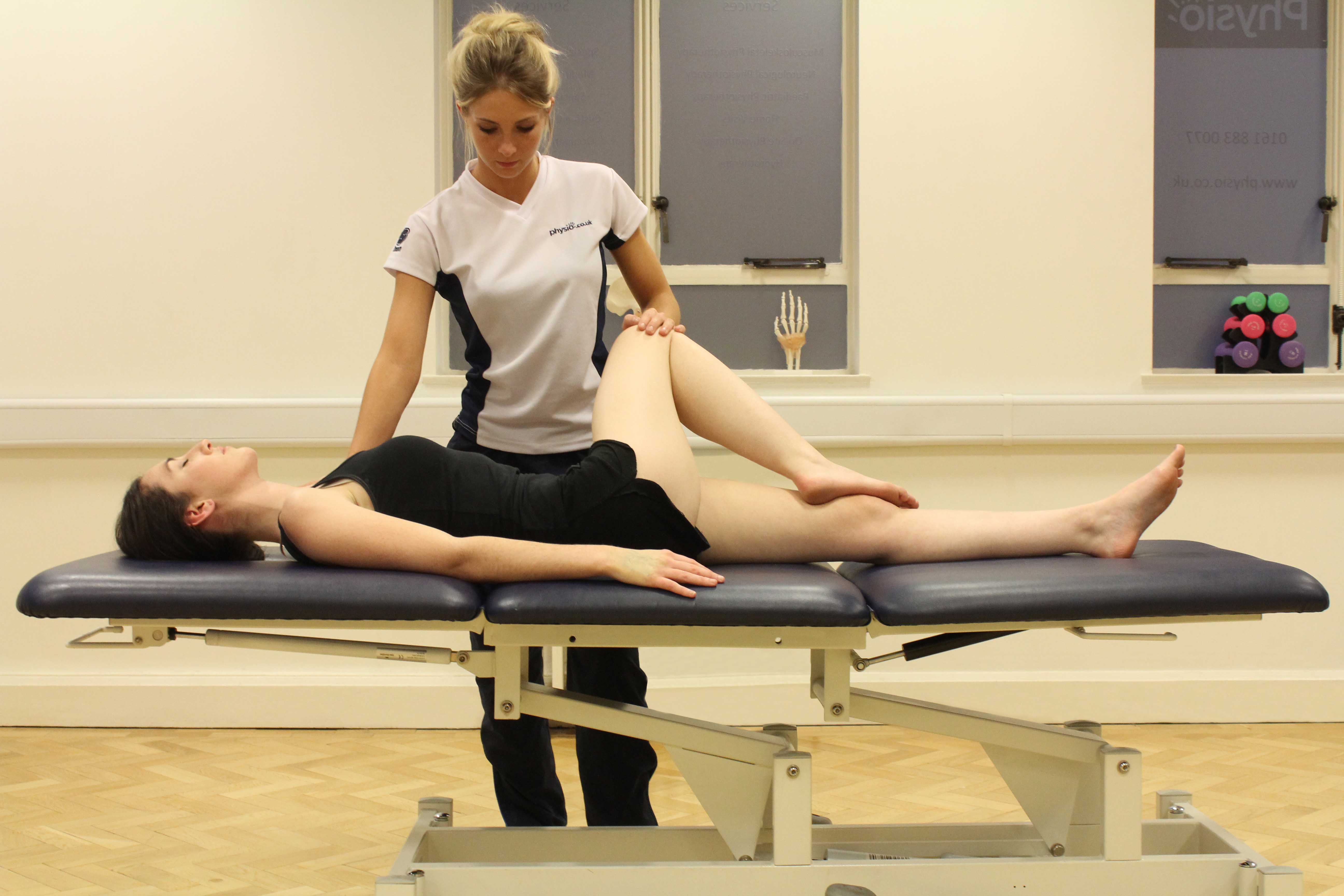 Passive stretch of the muscles and connective tissues of the hip by specialist therapist